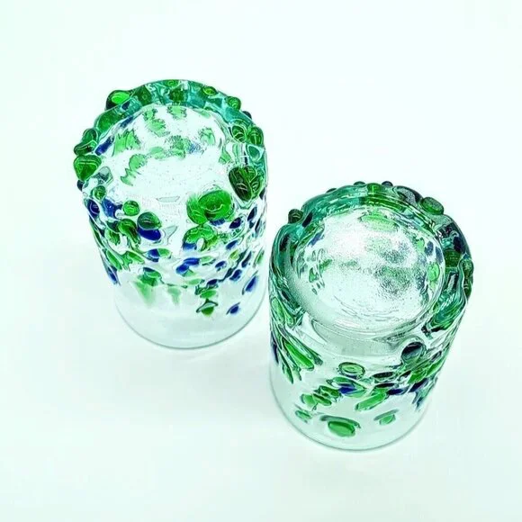Handblown Blue Green Fused Glass Tumblers (2) - Picture 4 of 4
